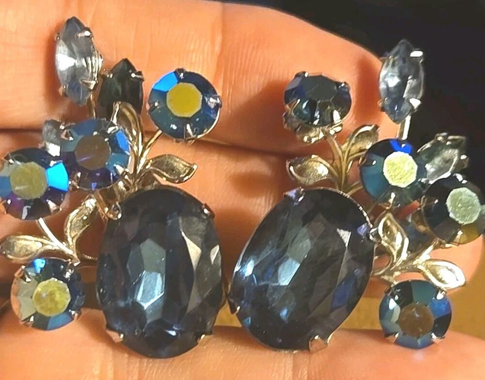 Vintage Beau Jewel Chaton and Marquise Blue Irredecant AB Rhinestone Earrings
